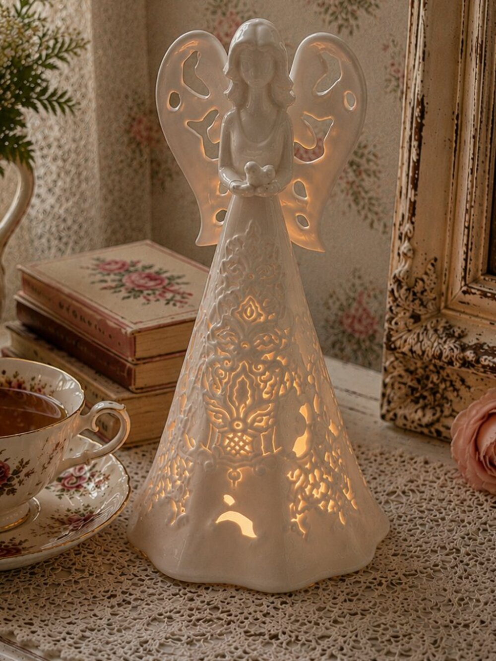 **Vintage White Porcelain Angel Tealight Candle Holder 11" Pierced Wings**